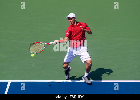 Kei Nishikori (JPN) sconfisse top-seme e mondo No. 1 Novak Djokovic (SRB) negli uomini Semi-Final per raggiungere la sua prima carriera Gra Foto Stock