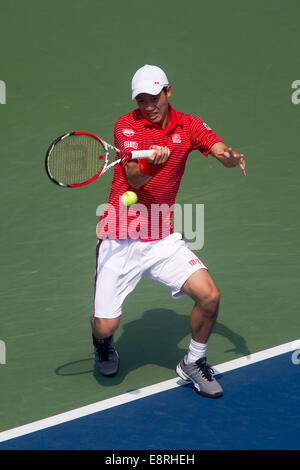 Kei Nishikori (JPN) sconfisse top-seme e mondo No. 1 Novak Djokovic (SRB) negli uomini Semi-Final per raggiungere la sua prima carriera Gra Foto Stock