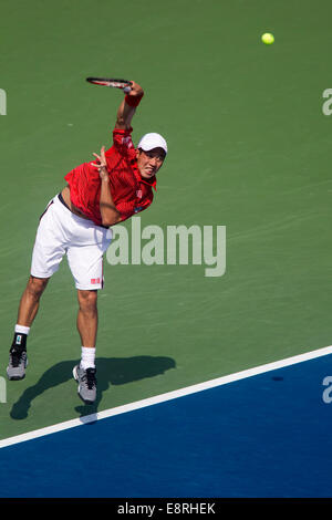 Kei Nishikori (JPN) sconfisse top-seme e mondo No. 1 Novak Djokovic (SRB) negli uomini Semi-Final per raggiungere la sua prima carriera Gra Foto Stock