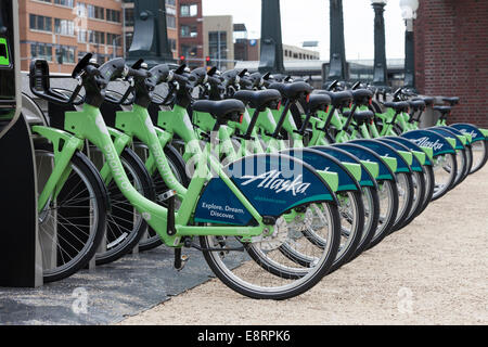 Seattle, Washington, Stati Uniti d'America. Xiii oct, 2014. Seattle lancia la prima bicicletta sistema di condivisione nel nord-ovest del Pacifico con ciclo Pronto Condividi su ottobre 13, 2014 - King Street Station, Pioneer Square, Seattle, King County, Washington, Stati Uniti d'America. Questa stazione di King Street Station in Pioneer Square è uno dei 50 e comprende 500 biciclette cittadine. Credito: Paolo Gordon/Alamy Live News Foto Stock