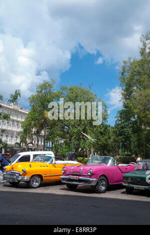Giallo e rosa americana vintage anni cinquanta vetture schierate per noleggio come i taxi e i veicoli per tour sul Prado nel centro di Avana Cuba Foto Stock