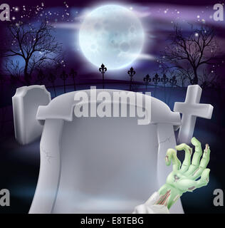 Tomba di sfondo di Halloween di zombie braccio e una lapide in un cimitero con la luna piena in background. Copyspace sul grav Foto Stock