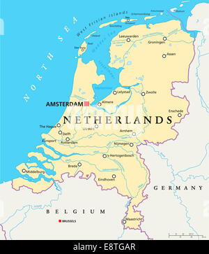 Paesi Bassi Mappa Politico con capitale Amsterdam, confini nazionali importanti città, fiumi e laghi. Etichetta inglese. Foto Stock