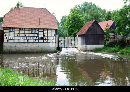 Mulino ad acqua, fiume Ems, Rheda Castle, Rheda-Wiedenbrueck, Muensterland regione Renania settentrionale-Vestfalia, Germania, Europa Foto Stock