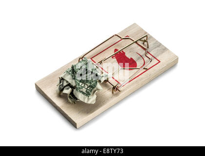 Il denaro in un mousetrap su sfondo bianco Foto Stock