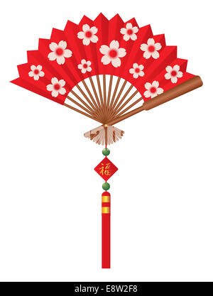 Rosso cinese ventola di carta con Cherry Blossom Pattern di fiori Fiocco di perline di Giada e firmare con buona fortuna illustrazione di testo Foto Stock
