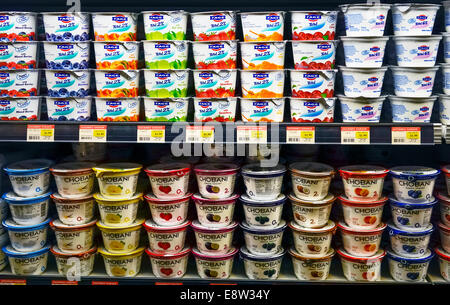 A basso tenore di grassi e yogurt greco su uno scaffale di supermercato in New York City, Stati Uniti d'America. Lo yogurt è adesso ufficiale nello Stato di New York snack. Foto Stock