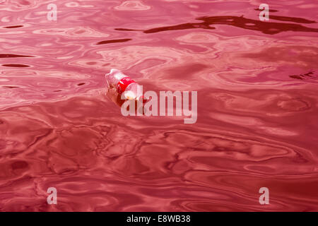 Nuotare Coca Cola. Di plastica vuote Coca Cola bottiglia galleggia liberamente nel liquido rosso Foto Stock