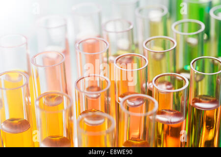 Close up di provette riempite con soluzione in lab Foto Stock