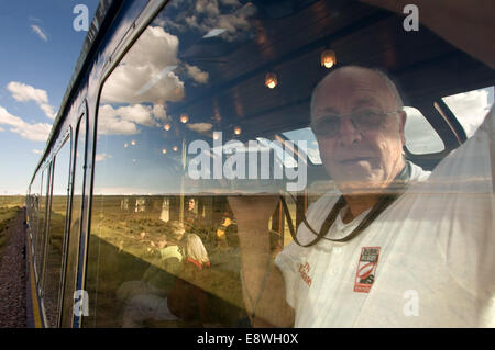 Andean Explorer, lusso in treno da Cusco a Puno. Auto di osservazione da cui un uomo osserva gli altopiani Peruviani a bordo di un Foto Stock