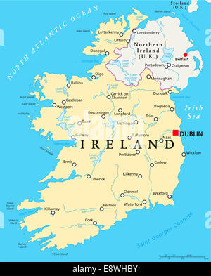 Irlanda Mappa Politico con capitale Dublino, i confini nazionali, importanti città, fiumi e laghi. Etichetta inglese e la scala. Foto Stock