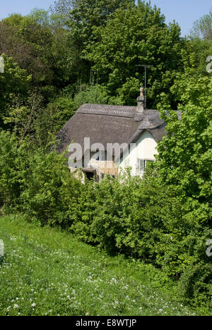 Cottage con il tetto di paglia sul retro del XIV secolo Farleigh Hungerford Castello, Somerset, Inghilterra Foto Stock