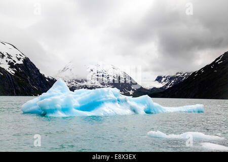 Iceberg galleggianti in acqua nella parte anteriore delle montagne. Foto Stock