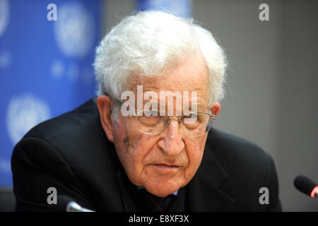 Noam Chomsky assiste ad una conferenza stampa organizzata dalla commissione per l'esercizio dei diritti inalienabili del popolo palestinese presso le Nazioni Unite a New York City il 14 ottobre 2014/picture alliance Foto Stock