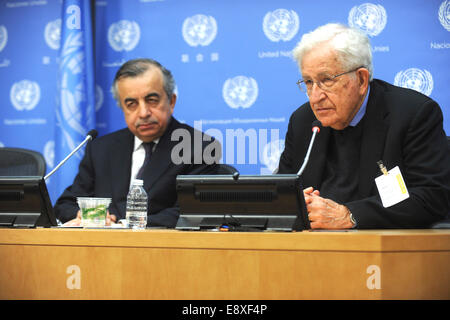 Noam Chomsky assiste ad una conferenza stampa organizzata dalla commissione per l'esercizio dei diritti inalienabili del popolo palestinese presso le Nazioni Unite a New York City il 14 ottobre 2014/picture alliance Foto Stock