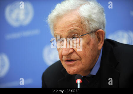 Noam Chomsky assiste ad una conferenza stampa organizzata dalla commissione per l'esercizio dei diritti inalienabili del popolo palestinese presso le Nazioni Unite a New York City il 14 ottobre 2014/picture alliance Foto Stock