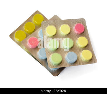Confezioni di pillole colorate Foto Stock