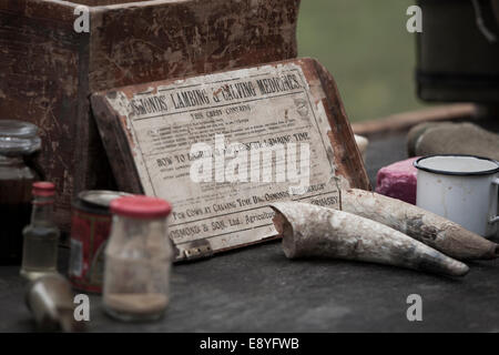 Una selezione di vasi di vetro, vacche corna e relativi scopi medici per il trattamento dei cavalli nella WW1. Foto Stock