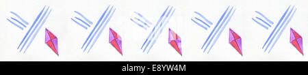 Margine di diamante. Cinque acquarello dipinto a mano diamanti fantasia in rosa e viola con righe blu in una fila su acquerello pape Foto Stock