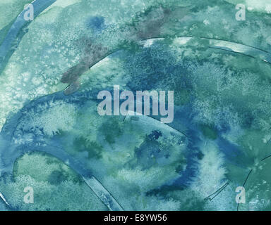 Freddo acquerello blu sullo sfondo. Grungy arte naturale texture di sfondo in acquerello con volute, schizzi e macchie di sale. Foto Stock