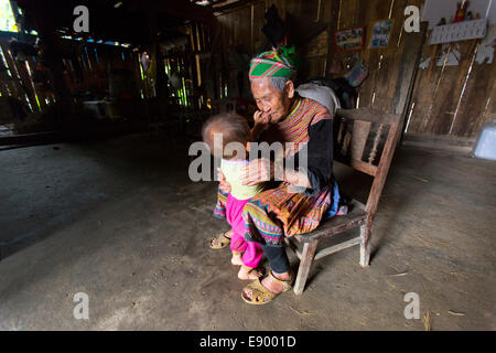 Donna vietnamita con il bambino in Bac Ha village home Foto Stock