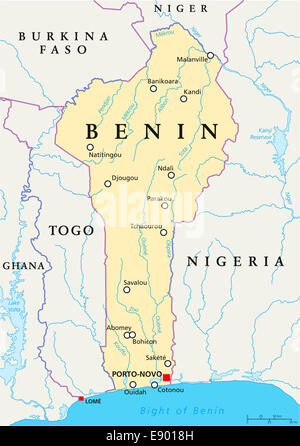 Benin Mappa Politico con capitale Porto-Novo, confini nazionali più importanti città, fiumi e laghi. Etichetta inglese. Foto Stock