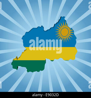 Mappa di Ruanda bandiera su blu sunburst illustrazione Foto Stock