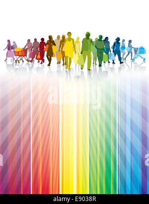 Folla colorata di persone per lo shopping. Felici coloro che detengono le borse della spesa. Foto Stock
