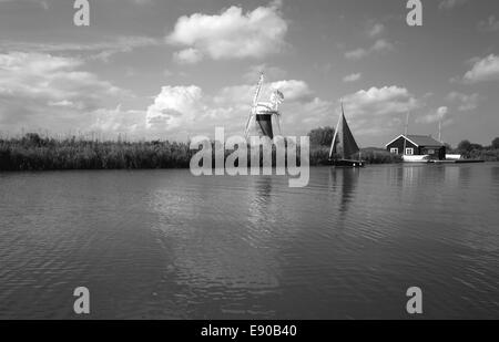 Un bianco e nero sul paesaggio il Parco Nazionale Broads del Norfolk a Thurne, Norfolk, Inghilterra, Regno Unito. Foto Stock