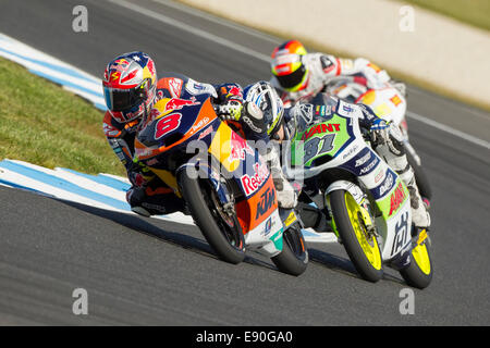 Circuito australiano di Phillip Island. 17 ottobre, 2014. Jack australiano Miller (anteriore) durante le prove libere di uno dei Moto3 categoria. Nonostante una lenta prima sessione di prove libere, Miller è riuscito a concludere il giorno più veloce in generale con un crono di 1'37.033. Miller, equitazione per Red Bull KTM Ajo Moto3 del Team sarà il rafforzamento fino alla categoria del MotoGP la prossima stagione e sta cercando di riprendere il filo in Moto3 nel campionato del mondo in Australia. Credito: Russell Hunter/Alamy Live News Foto Stock