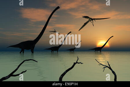 Una mandria di Omeisaurus a piedi attraverso un lago di acqua dolce. Foto Stock