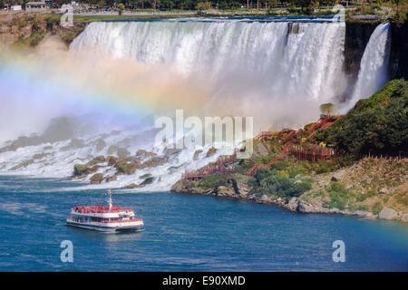 L Hornblower caricato con i turisti di fronte all'American Falls, parte del Niagara Falls, Ontario, Canada. Foto Stock