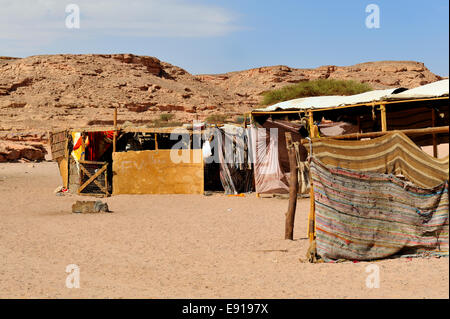Bedouin camp Arabo nel deserto del Sinai del Sud penisola con ricoveri animali per i caprini e cammello vicino a Wadi Meghesa, Egitto Foto Stock
