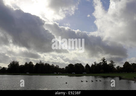 Bushy Park, SW LONDRA, REGNO UNITO. Il 17 ottobre 2014. Drammatica cumulus formazioni di nubi sopra la Fontana Diana stagno in una bella mattina di autunno a Bushy Park. Credito: Julia Gavin UK/Alamy Live News Foto Stock