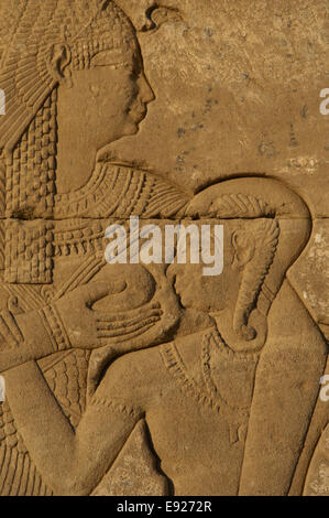 L'Egitto. Dendera. Tempio complesso. Roman Casa Natale di Mammisi. Dea Hathor allattamento suo figlio. Sollievo. Foto Stock
