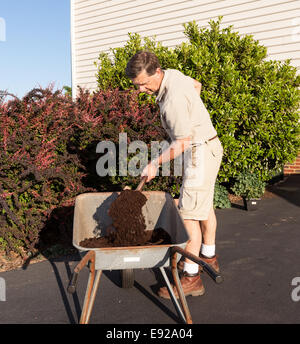Senior uomo terreno di scavo in carriola Foto Stock