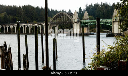 Pali in legno nel fiume Siuslaw, a Firenze in Oregon. Il ponte di Siuslaw è iin sullo sfondo. Foto Stock