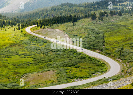 Grande curvatura forma a S piegare in strada la scalata alla cima di pioppi neri americani passano in Colorado, STATI UNITI D'AMERICA Foto Stock