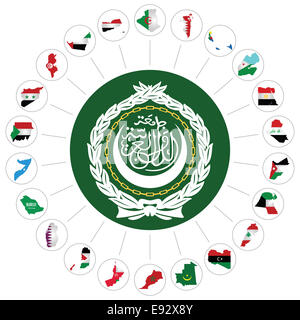 Bandiere degli Stati membri della Lega Araba sovrapposto sulla mappa di contorno Foto Stock