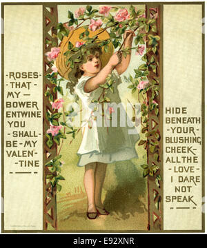 Ragazza in ampia Hat tendendo le rose, Valentino, cartolina Foto Stock