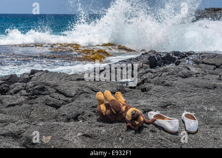Il giocattolo di peluche cane e scarpe sulla roccia lavica a beach, dietro gli spruzzi d'acqua nell'Oceano Pacifico. Foto Stock