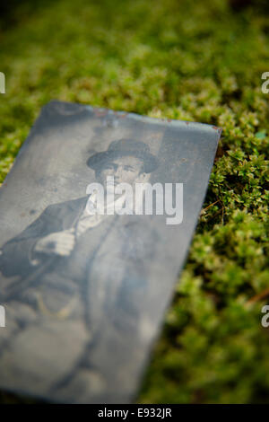 Tipo di stagno in bianco e nero foto ritratto su verde muschio Foto Stock