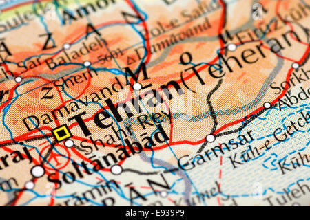Close up della mappa di Teheran, la città capitale di Iran Foto Stock