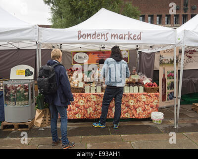 Mercato degli Agricoltori in Oslo la capitale della Norvegia, gustose mele e altri frutti in offerta in autunno Foto Stock