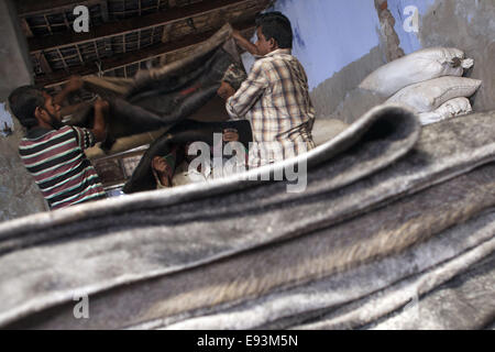 Dacca in Bangladesh. Xviii oct, 2014. I lavoratori che trasportano per elaborare le pelli degli animali macellati durante l'Eid Al Adha, presso una fabbrica di cuoio in Hazaribagh, Dhaka.La pelle del Bangladesh industria ha guadagnato 980.67 milioni di euro US dollar dalle esportazioni di cuoio e prodotti in cuoio in materia fiscale 20/12/2013, secondo il Bangladesh's Export Promotion Bureau © Zakir Hossain Chowdhury/ZUMA filo/Alamy Live News Foto Stock