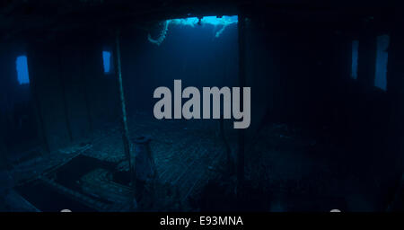 All interno di un relitto- la MV Cominoland a Gozo, Malta, Mare Mediterraneo. Foto Stock