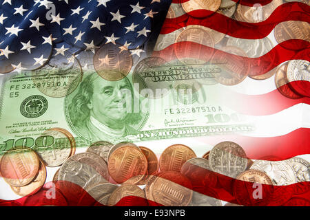 Bandiera americana e composito di valuta Foto Stock