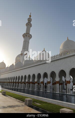 Minareto e delle cupole della Sheikh Zayed Grande Moschea di Abu Dhabi, Emirati Arabi Uniti Foto Stock