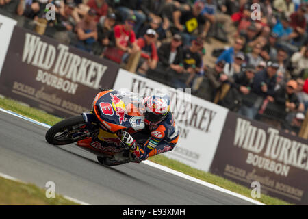 Phillip Island, Victoria, Australia. Il 19 ottobre, 2014. Jack australiano Miller sul suo modo di assicurare la vittoria in Moto3 categoria dell'Tissot Australian Motorcycle Grand Prix. Miller strappato prima davanti al pubblico di casa davanti al suo rivale in campionato Alex Marquez. Credito: Russell Hunter/Alamy Live News Foto Stock