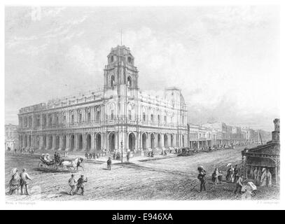 Questa illustrazione del 1873 di Booth mostra l'ufficio postale di Melbourne, catturandone la grandezza e il significato architettonico durante la fine del XIX secolo. L'ufficio postale era un punto di riferimento centrale nel paesaggio urbano in via di sviluppo di Melbourne. Foto Stock